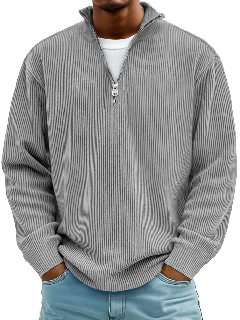 Textured ribbed knit men's half-zip sweater. A stylish and warm fall/winter fashion choice.