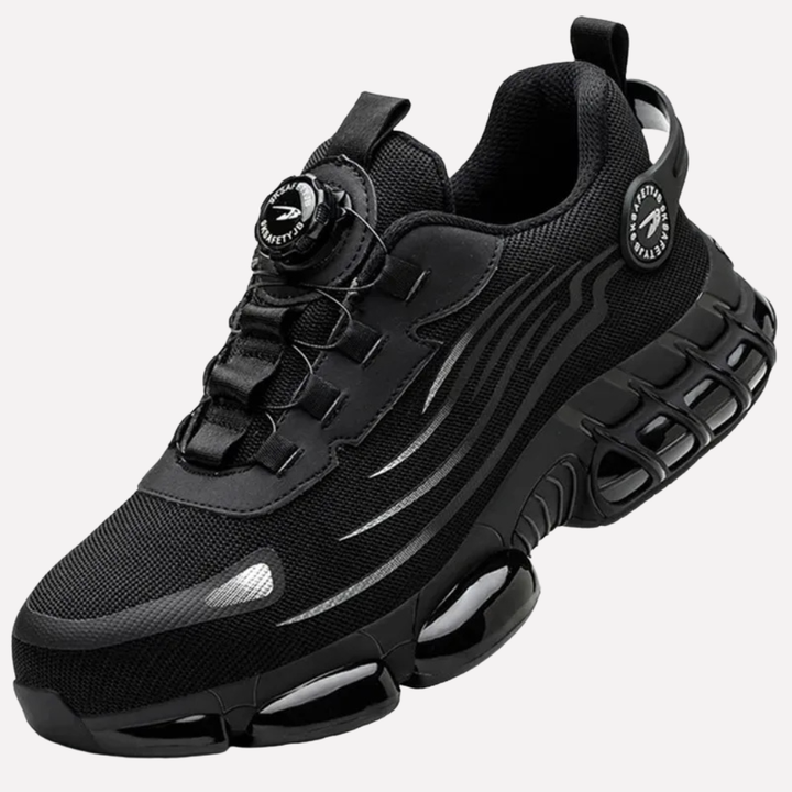 Men's heavy-duty black work safety shoes with steel toe, slip-resistant sole & puncture protection for industrial use.