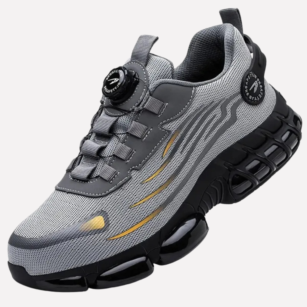 Gray & black men's work boots offering ultimate protection: durable, impact-resistant, slip-resistant for construction.
