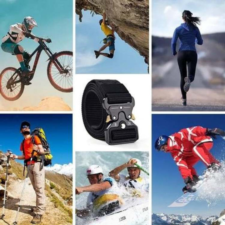 Men's durable tactical belt in black, offering reliable support for outdoor activities like hiking & camping.