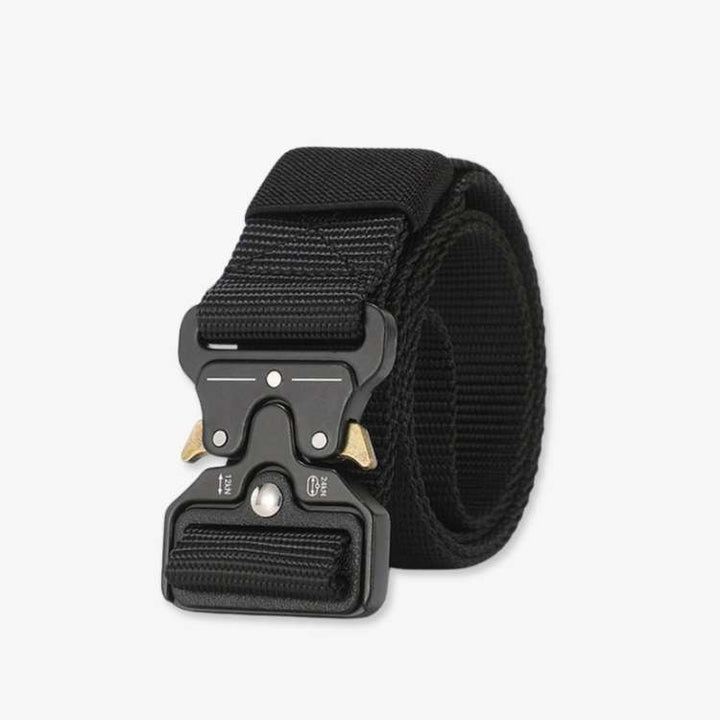 Quick-release military-style tactical belt for men, essential durable outdoor gear for camping & hiking.