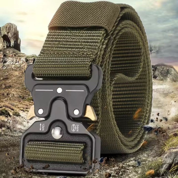 Adventure-ready men's durable tactical belt, heavy-duty nylon with quick-release, perfect for camping & hiking.