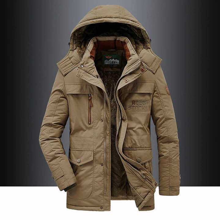 Insulated men's winter coat, durable and heavy-duty, ideal for extreme cold weather gear and outdoor activities.
