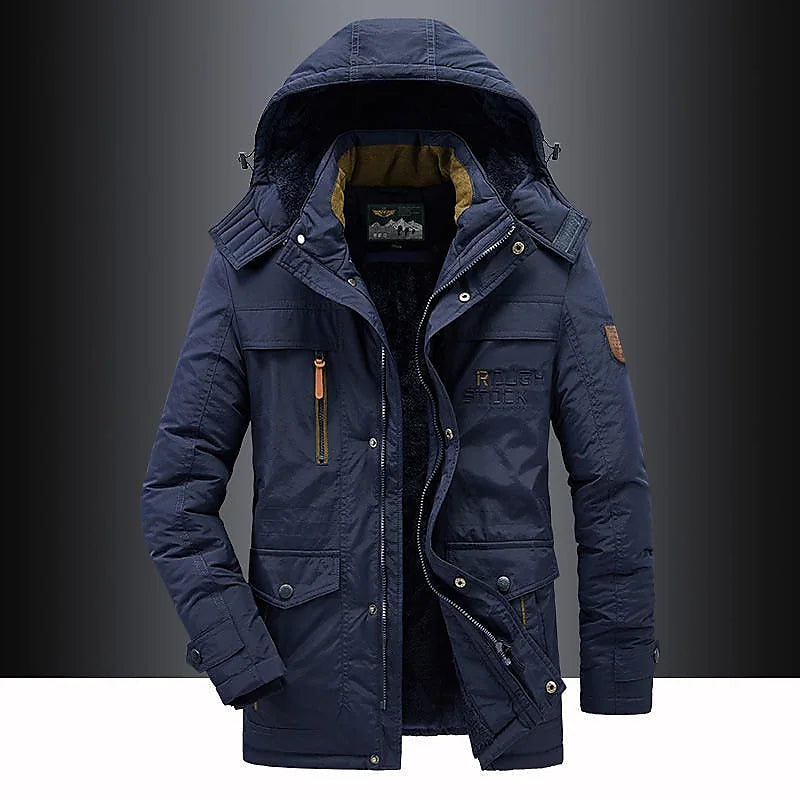 Stylish men's hooded parka, rugged design, perfect winter jacket for extreme cold protection and fashion.