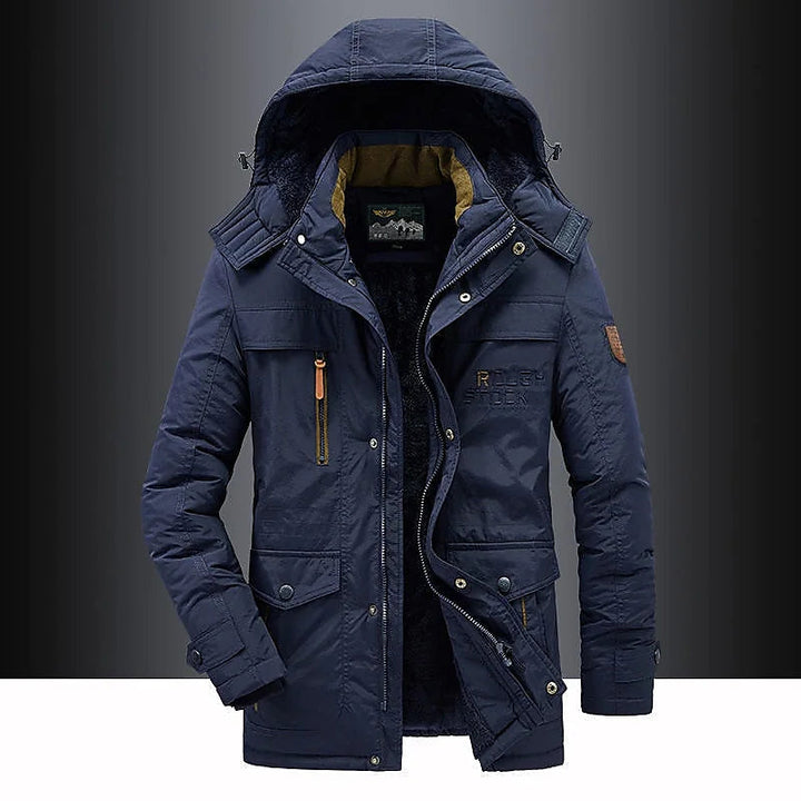 Stylish men's hooded parka, rugged design, perfect winter jacket for extreme cold protection and fashion.