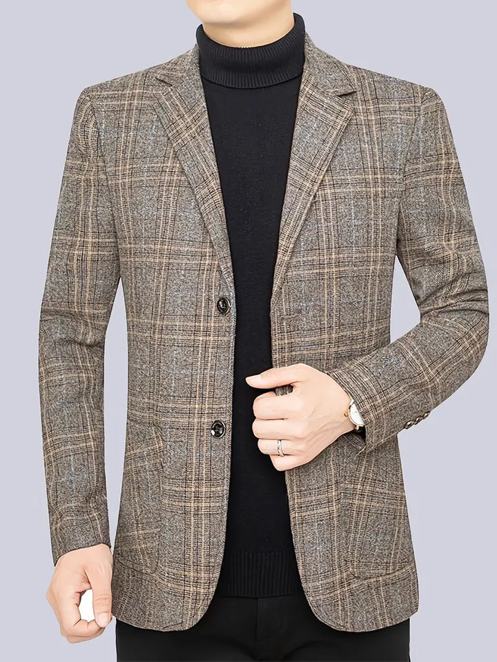 Men's heritage checked blazer jacket, tailored fit for business & smart events. Classic tweed-like pattern.