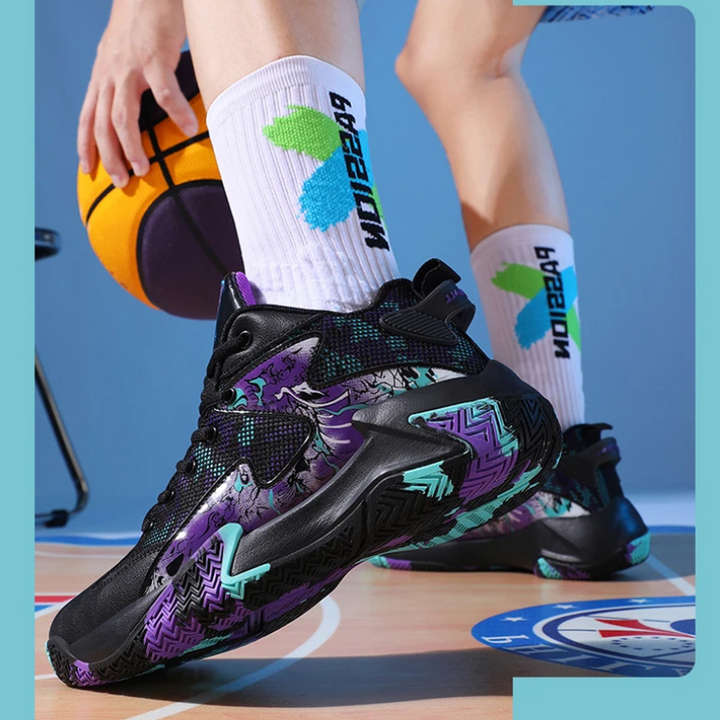 Calvin men's high-top athletic sneakers, graphic print. Performance basketball shoes with strong ankle support.