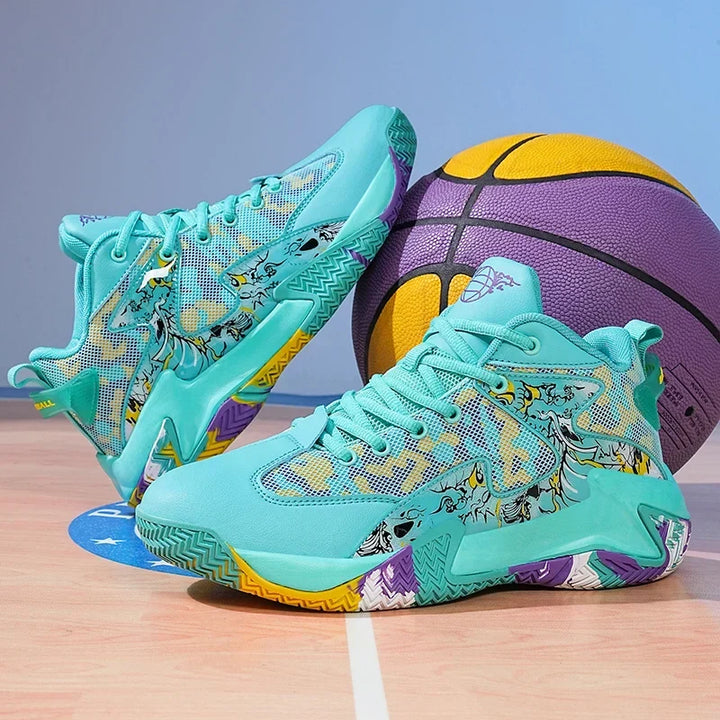 Graphic print men's high-top basketball shoes. Court trainer with durable grip & excellent ankle support.