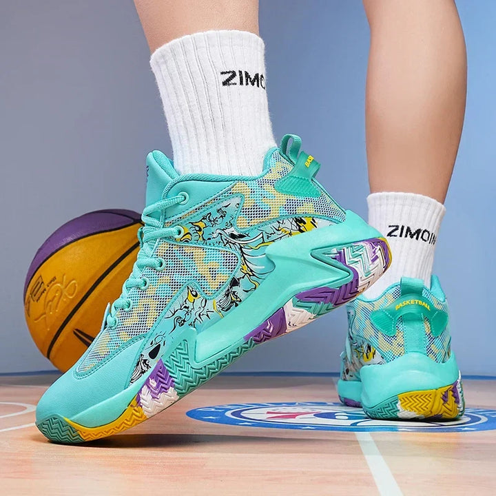 Men's performance high-top basketball shoes, bold graphic design. Athletic footwear for court sports.
