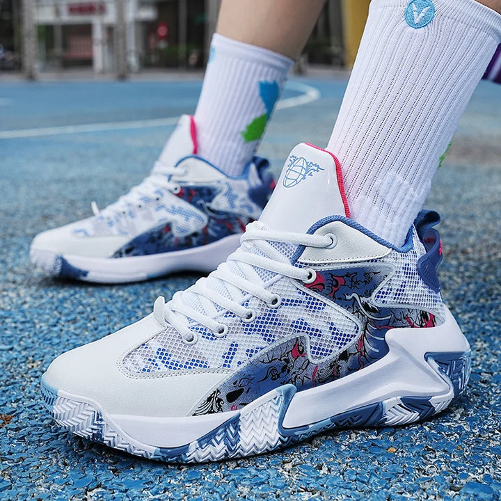 High-top men's basketball sneakers, graphic print. Engineered for court performance & robust ankle support.