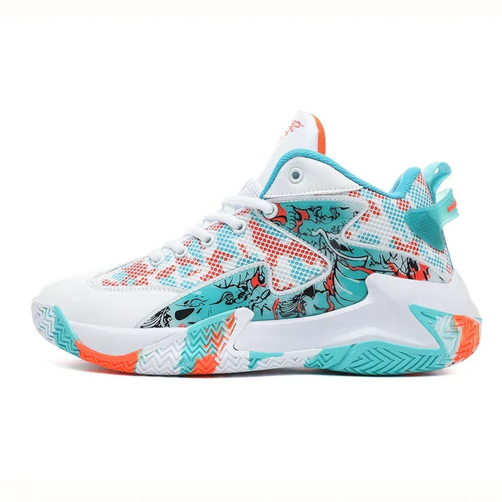 Graphic print high-top men's sports shoes, ideal for basketball. Features ankle support & performance grip.