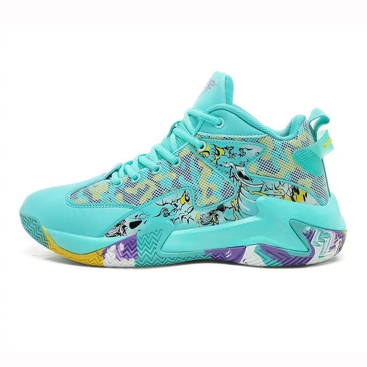 Bold graphic men's high-top basketball footwear. Durable court shoes offering superior grip & ankle support.