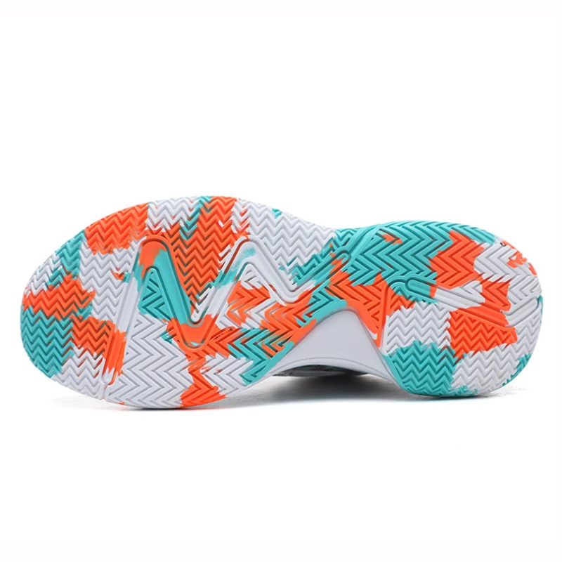 Bold graphic men's basketball sneakers, high-top design for ankle support. Ideal court trainer for sports.
