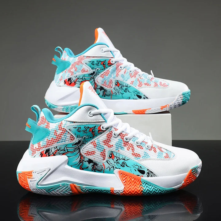 Men's graphic print high-top basketball shoes, designed for court performance & ankle support.