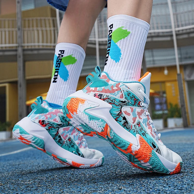 High-performance men's basketball shoes, bold graphic print, high-top for ankle stability & grip.