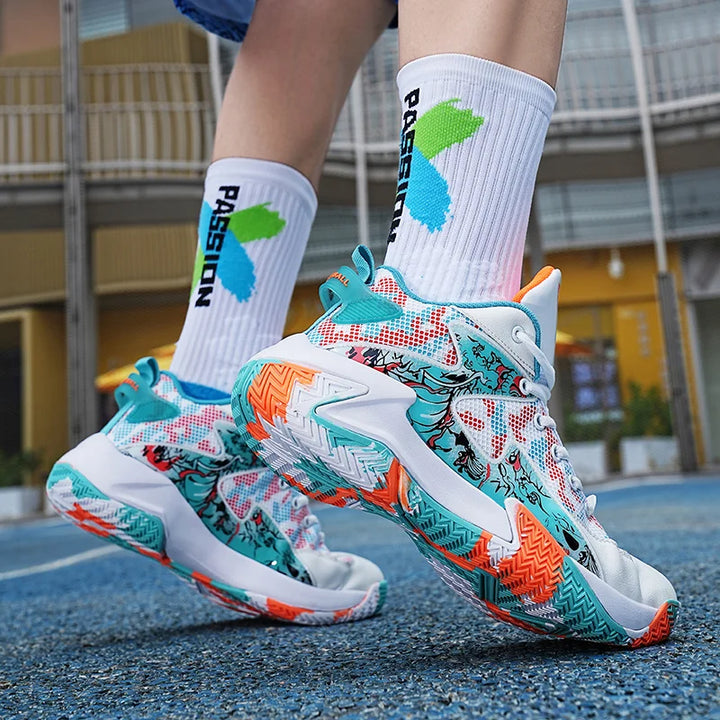 High-performance men's basketball shoes, bold graphic print, high-top for ankle stability & grip.