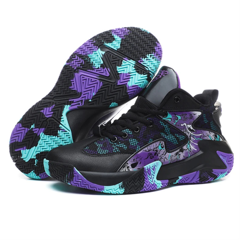 Stylish men's high-top court trainers, bold graphic print. Durable athletic footwear for basketball.