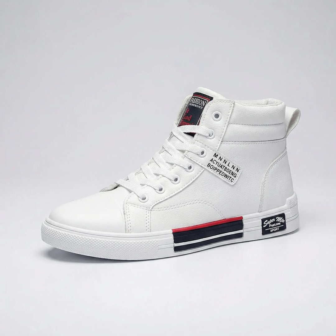 White men's high-top lace-up sneakers, perfect for street style & comfortable casual fashion.