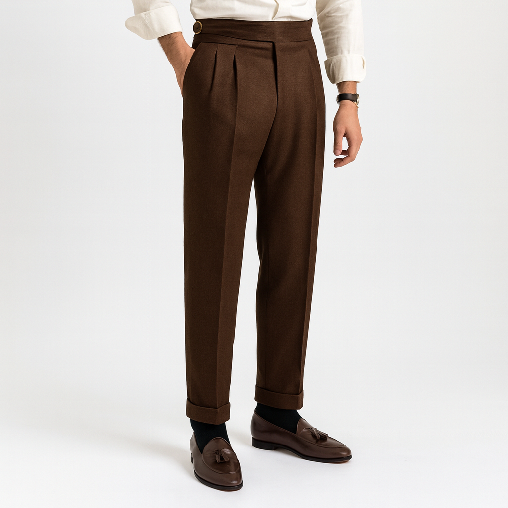 Versatile men's pleated pants with a high waist for smart casual or formal occasions. Classic & comfortable style.
