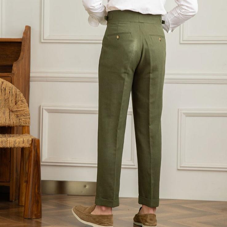 Professional men's high-waisted pleated dress pants, essential for a refined formal or smart casual wardrobe.