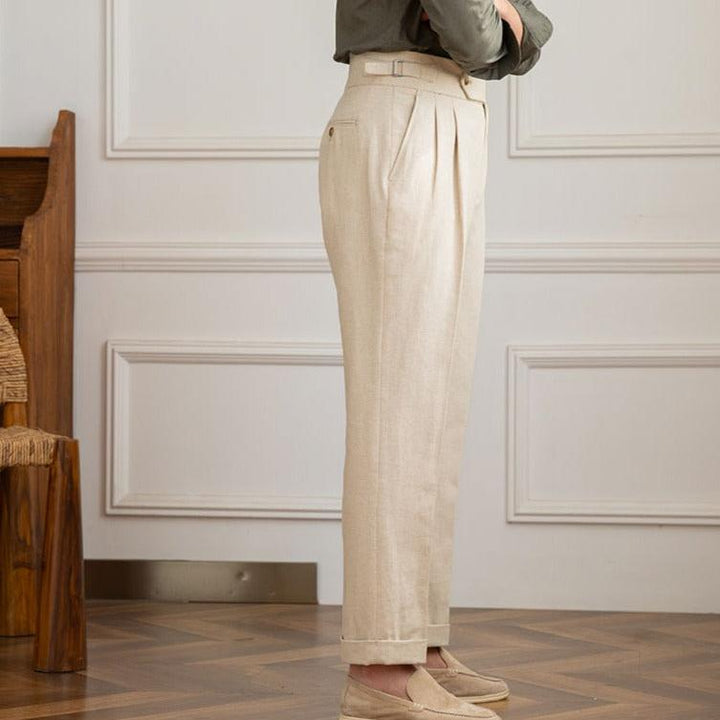 High-waisted men's dress pants with adjustable waistband, perfect for a tailored formal fit.