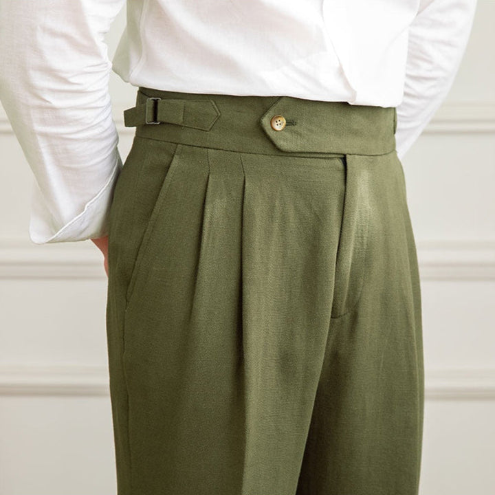 Stylish men's high-waisted pleated formal trousers, perfect for a refined smart casual Italian look.