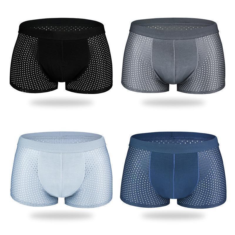Three pairs of men's modal cooling briefs in black, blue, and grey, neatly folded, emphasize breathable underwear.