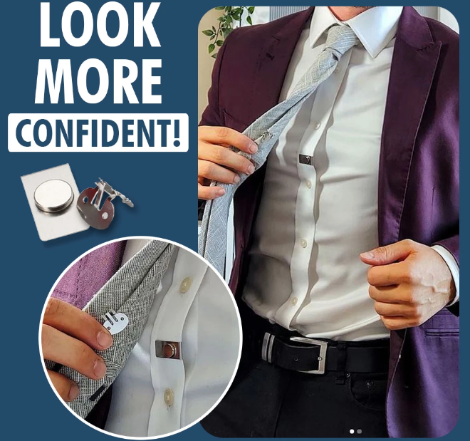 Invisible tie clip stay for men's suits, featuring strong magnets to hold the tie in place all day