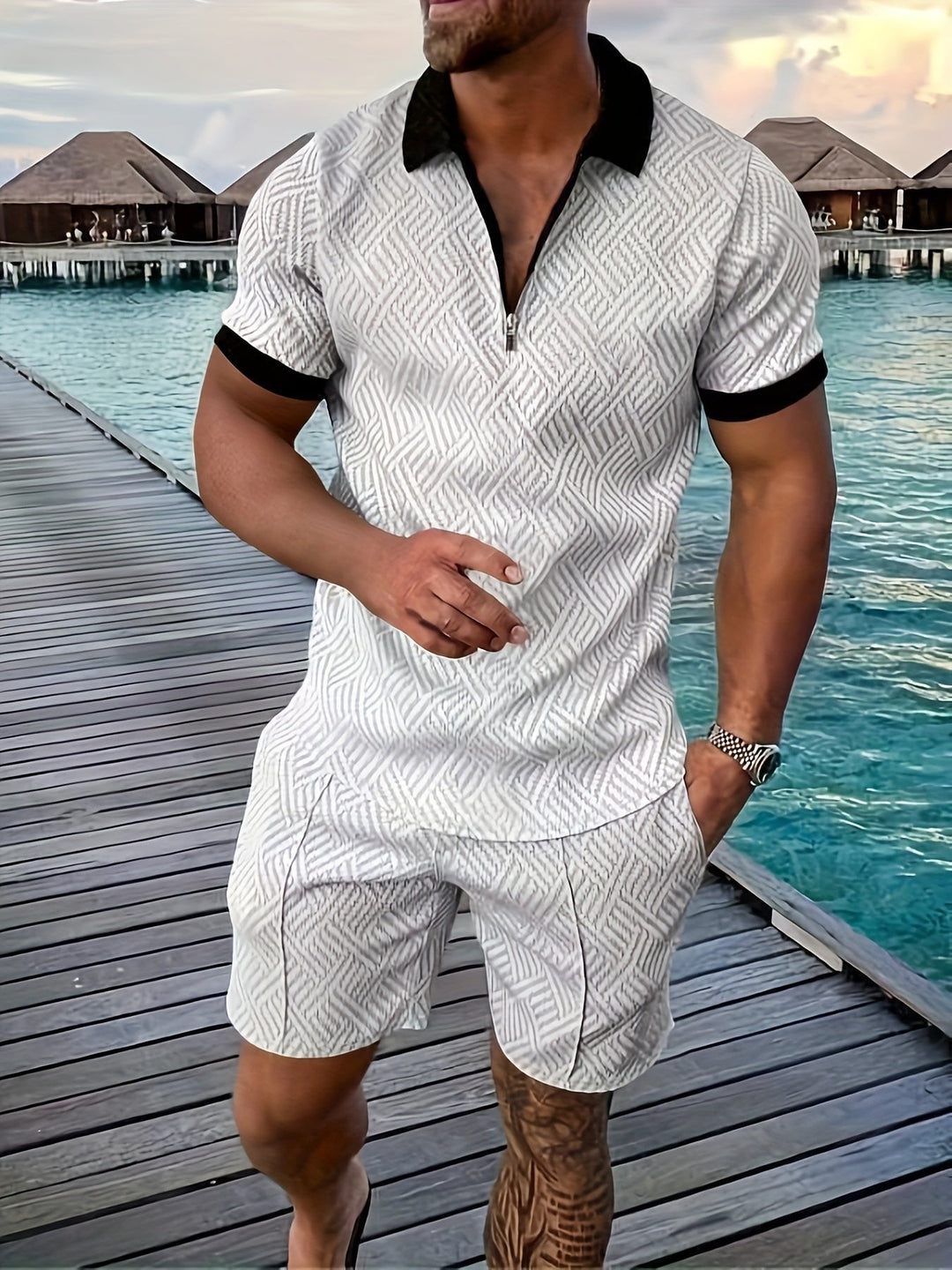 Men's casual two-piece jacquard outfit: short-sleeve shirt & matching shorts. Ideal for beachwear & summer days.