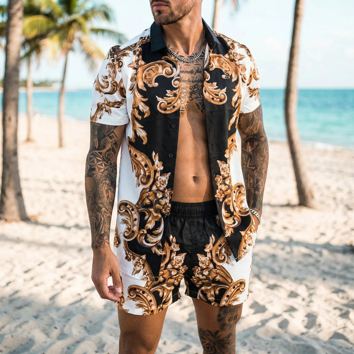 Men's Jamal printed two-piece summer shirt & shorts set, ideal for casual vacation wear.
