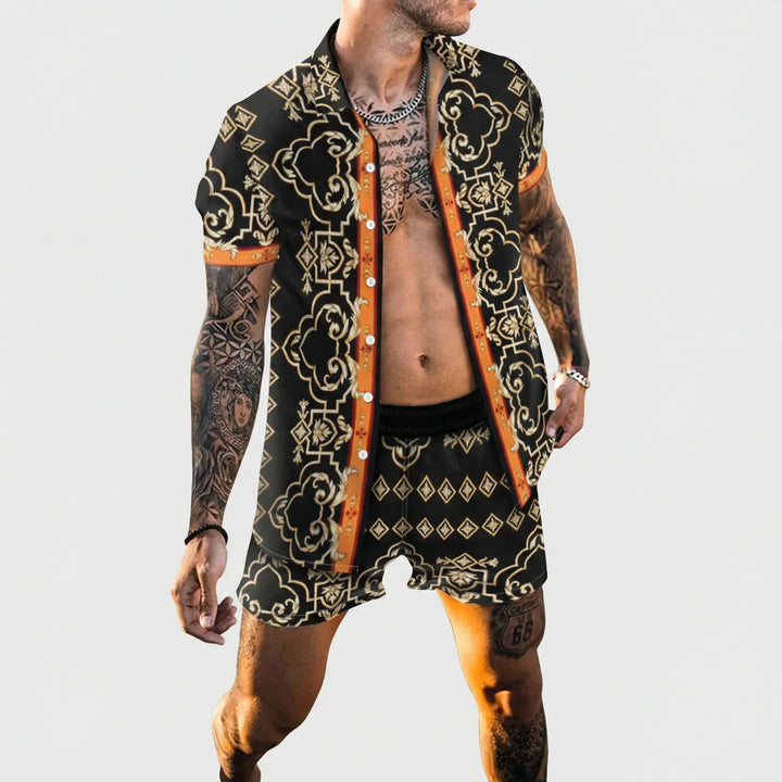 Men's beach-ready printed summer set, a stylish two-piece shirt & shorts combo for vacation.