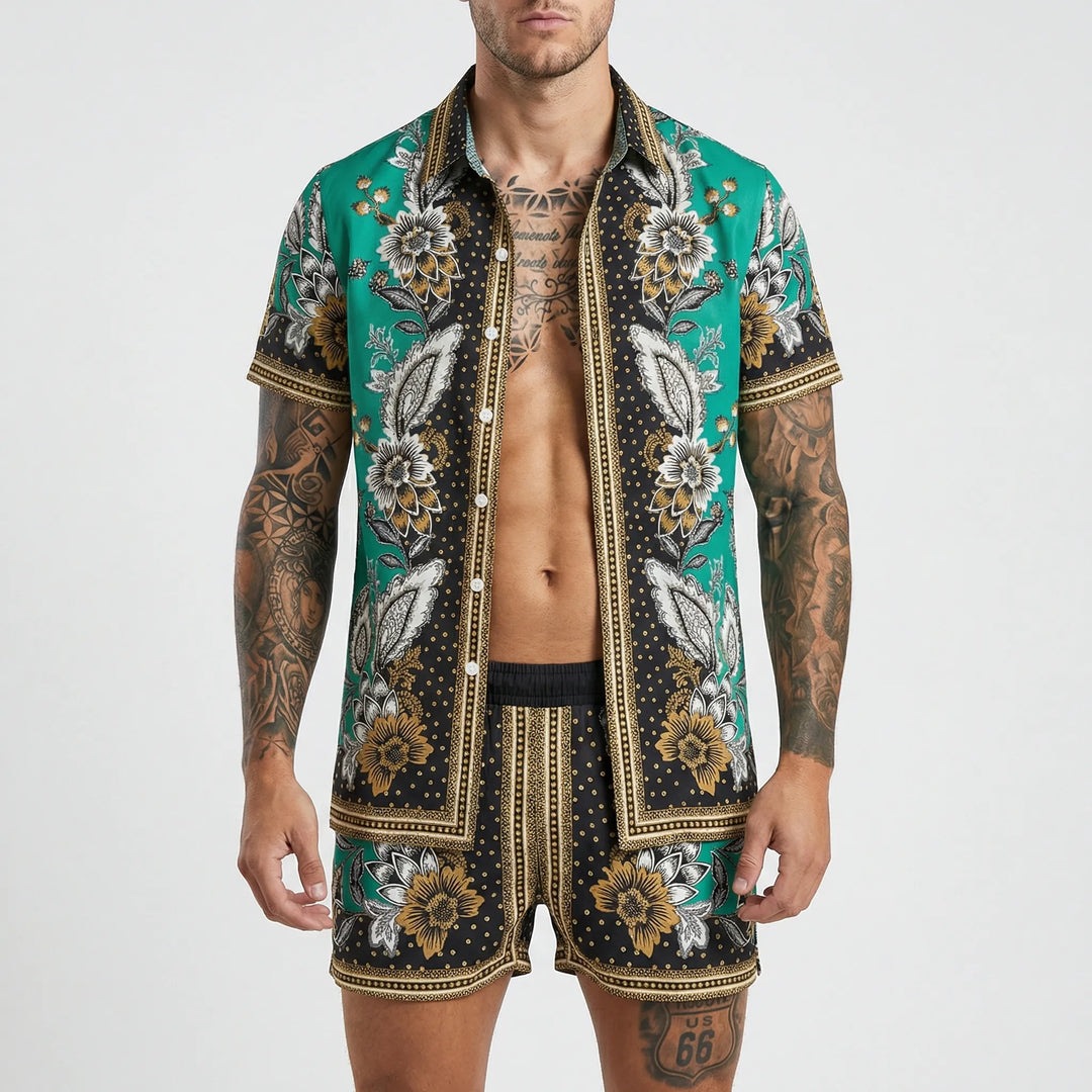 Unique printed men's summer casual set, featuring a stylish shirt and comfy shorts.