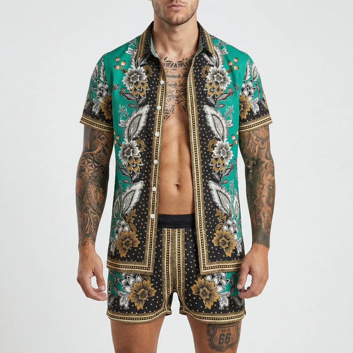 Unique printed men's summer casual set, featuring a stylish shirt and comfy shorts.