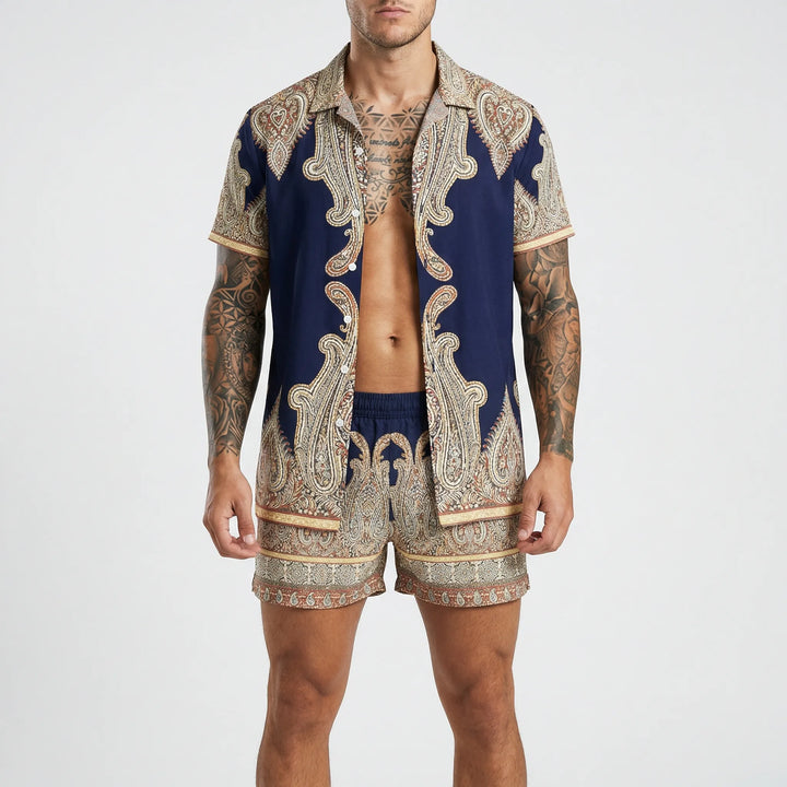 Men's Jamal two-piece outfit with a trendy printed shirt & relaxed shorts, perfect for summer days.