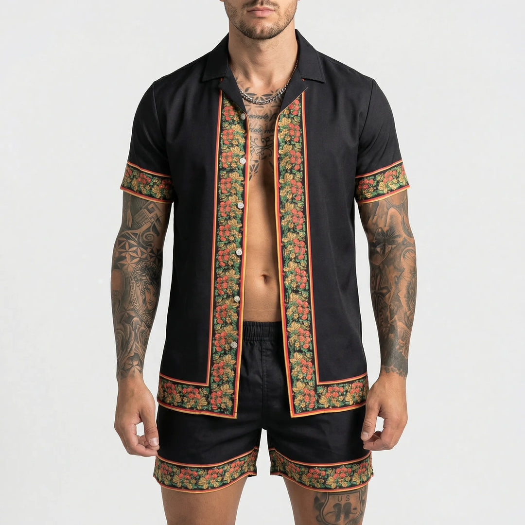 Cool men's printed summer shirt and shorts set, offering a relaxed fit for casual outdoor activities.