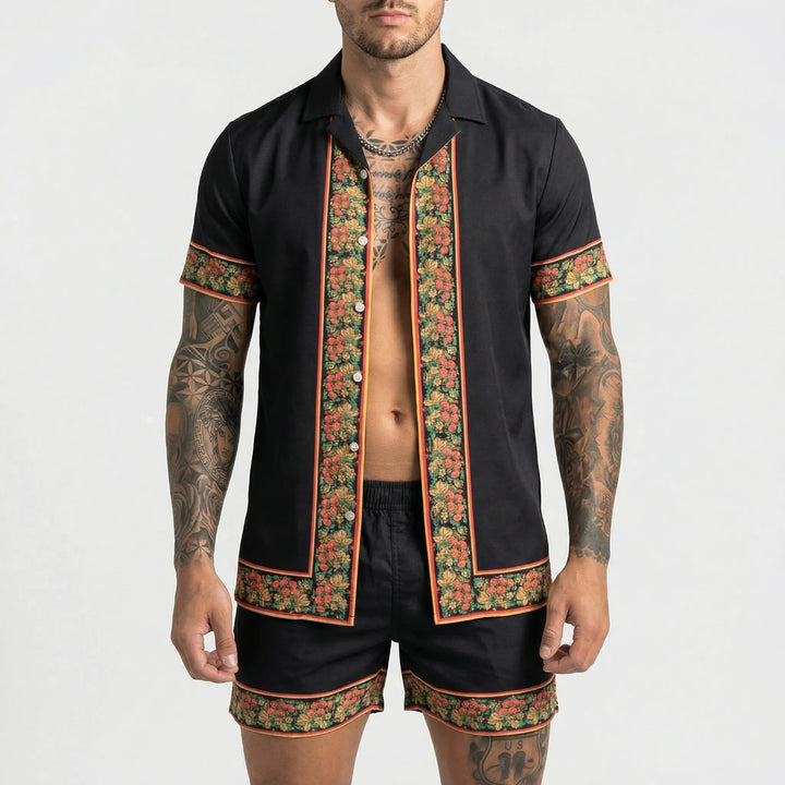 Cool men's printed summer shirt and shorts set, offering a relaxed fit for casual outdoor activities.
