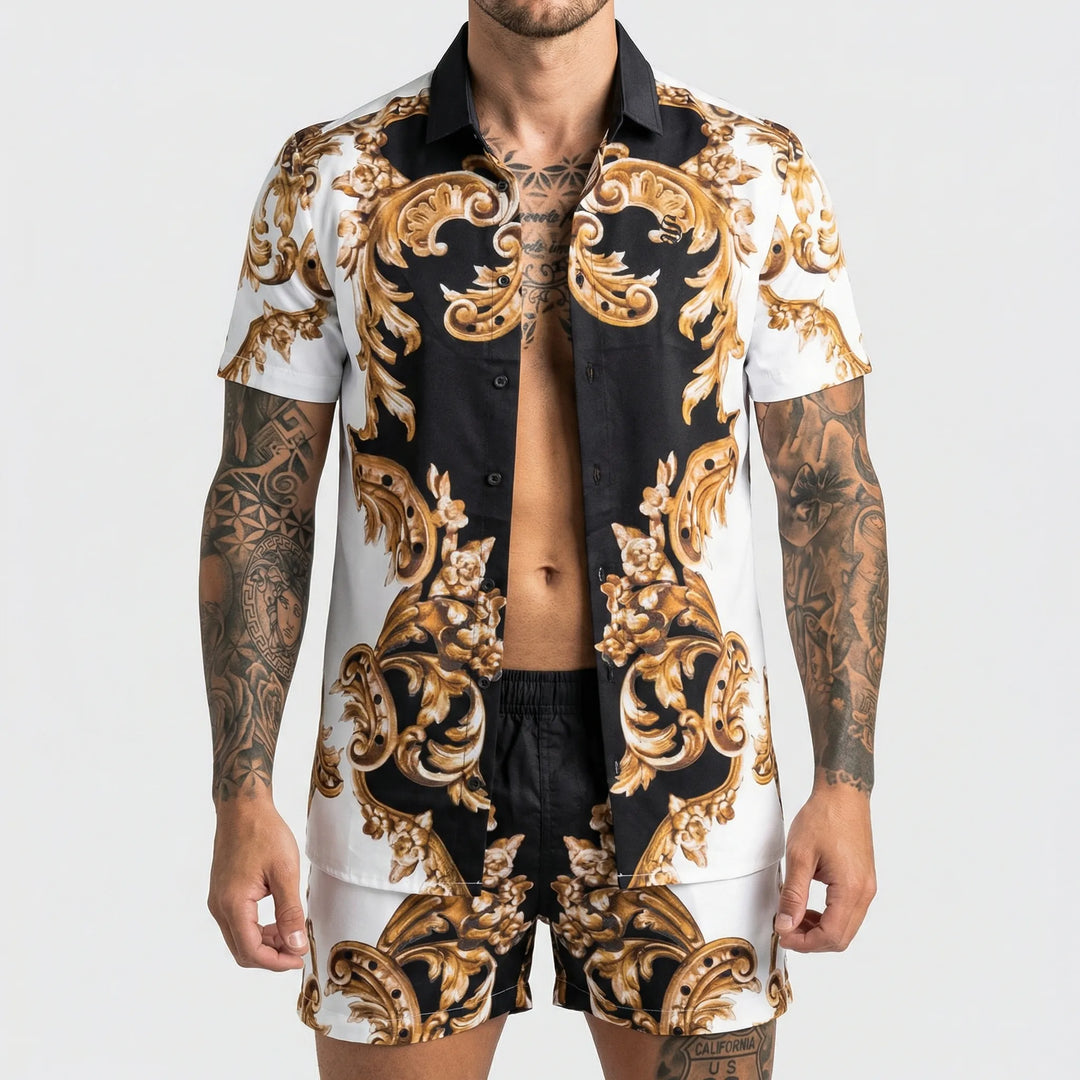 Vibrant printed men's summer shirt and shorts set, a comfortable and stylish casual outfit.