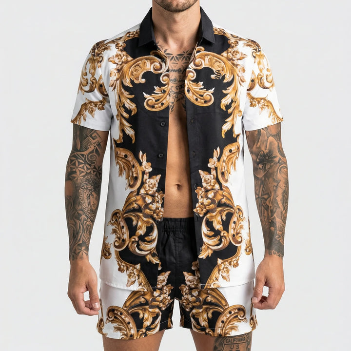 Vibrant printed men's summer shirt and shorts set, a comfortable and stylish casual outfit.