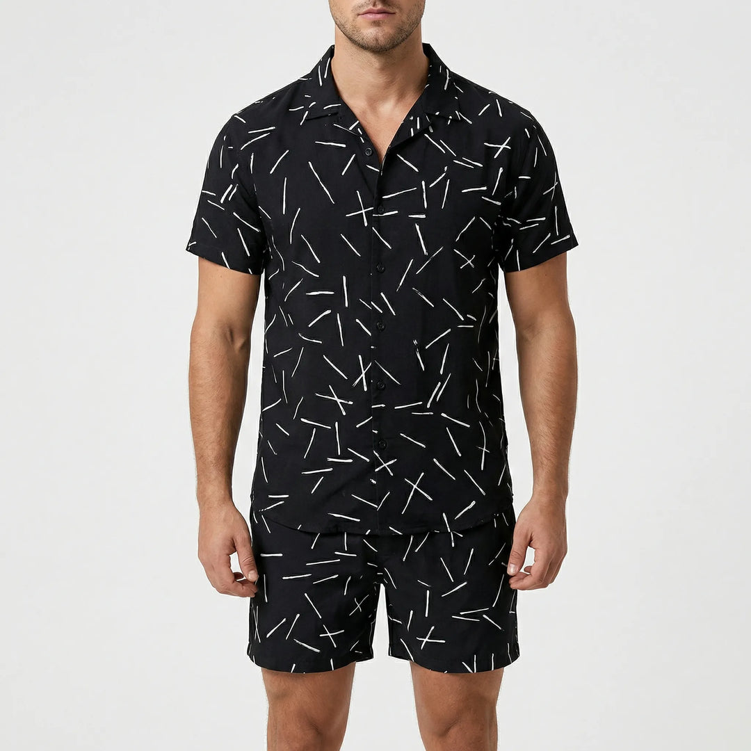 Men's Jamal printed short-sleeve shirt, part of a two-piece summer casual outfit.