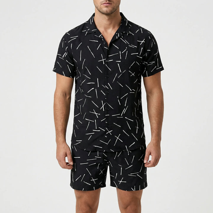Men's Jamal printed short-sleeve shirt, part of a two-piece summer casual outfit.