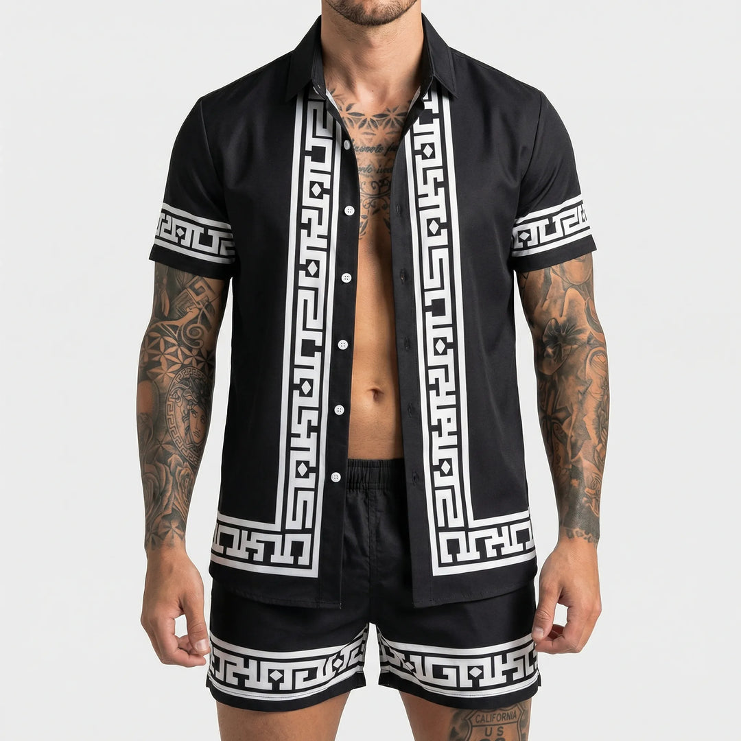 Complete men's printed two-piece casual outfit, a versatile summer set with shirt and shorts.