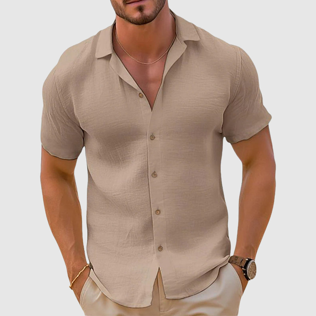 Men's khaki linen short sleeve button down shirt, perfect for spring casual wear.
