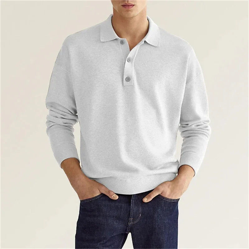 Men's knit long sleeve polo shirt in a classic fit, perfect for casual autumn fashion and everyday wear.