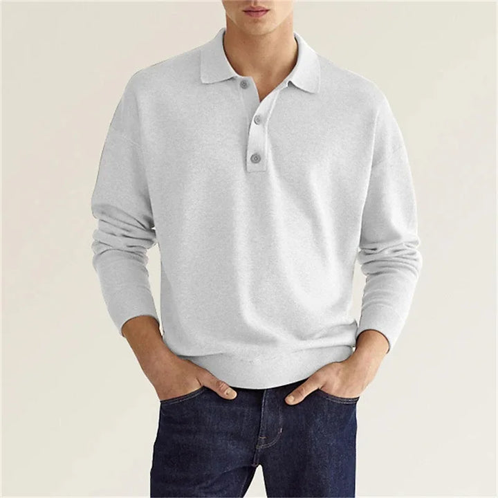 Men's knit long sleeve polo shirt in a classic fit, perfect for casual autumn fashion and everyday wear.