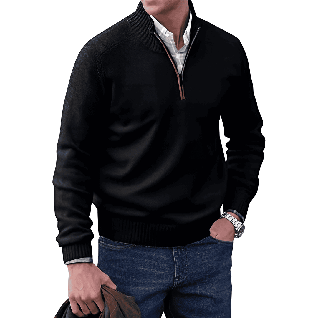 Men's knitted half-zip pullover jumper styled with a simple t-shirt, showing a casual long sleeve look.