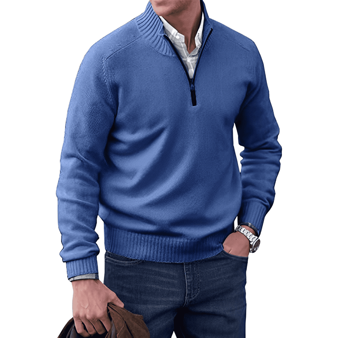 Men's casual knitted jumper with a half-zip closure, offering comfort and warmth for winter layering.