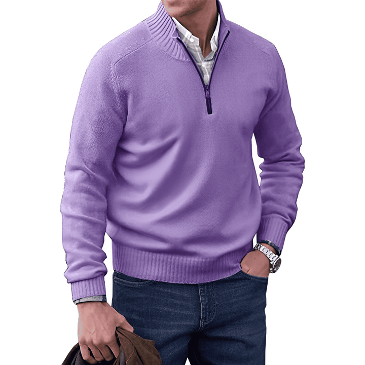Men's smart casual half-zip jumper in a rich, dark color, suitable for various occasions.