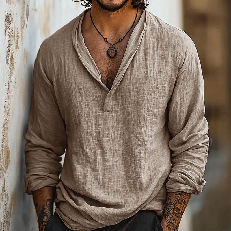 Breathable men's long sleeve Henley shirt for summer, offering a relaxed fit, comfort & modern everyday style.