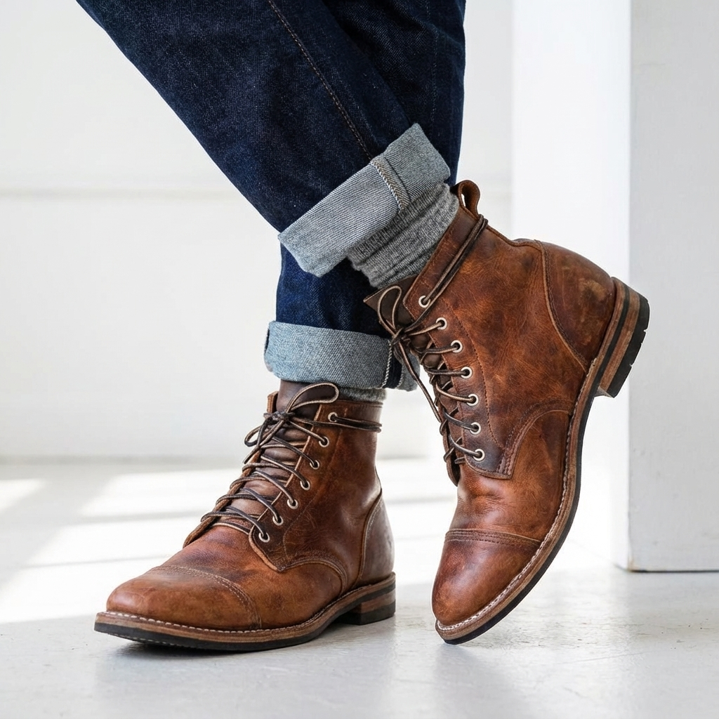 Men's lace-up cap toe ankle boots with a stylish distressed finish, perfect for casual wear.