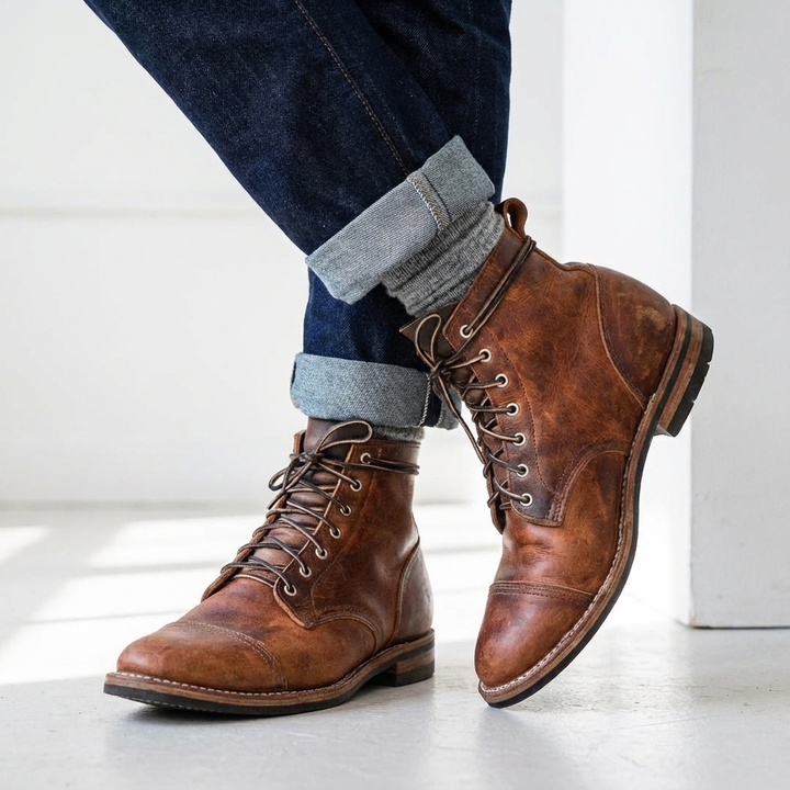 Men's lace-up cap toe ankle boots with a stylish distressed finish, perfect for casual wear.